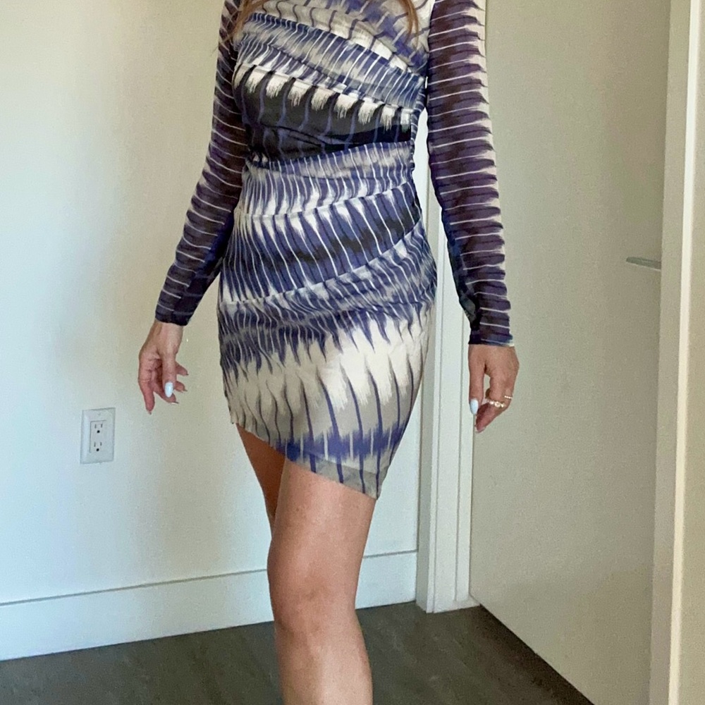 Antik Batik Blue White silk Kim dress size small US 4 bodycon mini rouching